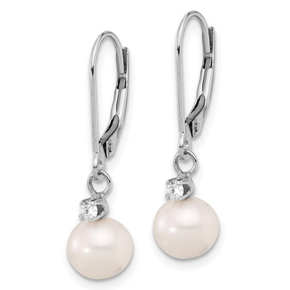 14k White Gold 8mm Round Freshwater Cultured Pearl & Diamond Dangle Earrings