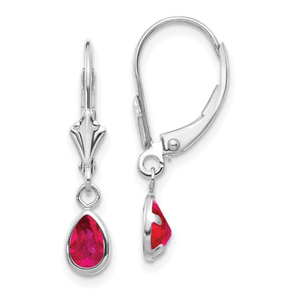 14k White Gold 6x4mm July/Ruby Dangle Earrings
