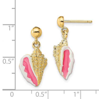14k Yellow Gold White and Pink Enamel Conch Shell Dangle Earrings