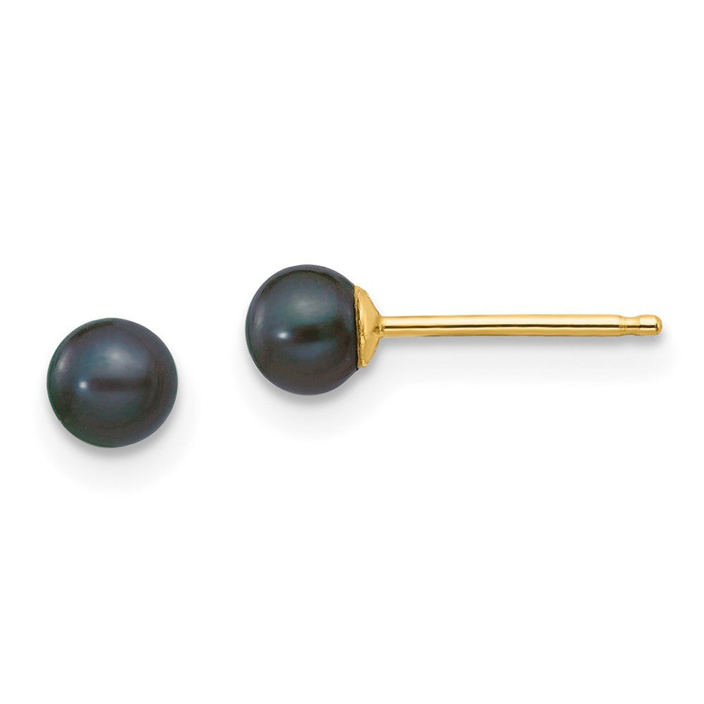 14k Yellow Gold 3-4mm Black Round Freshwater Cultured Pearl Stud Earrings