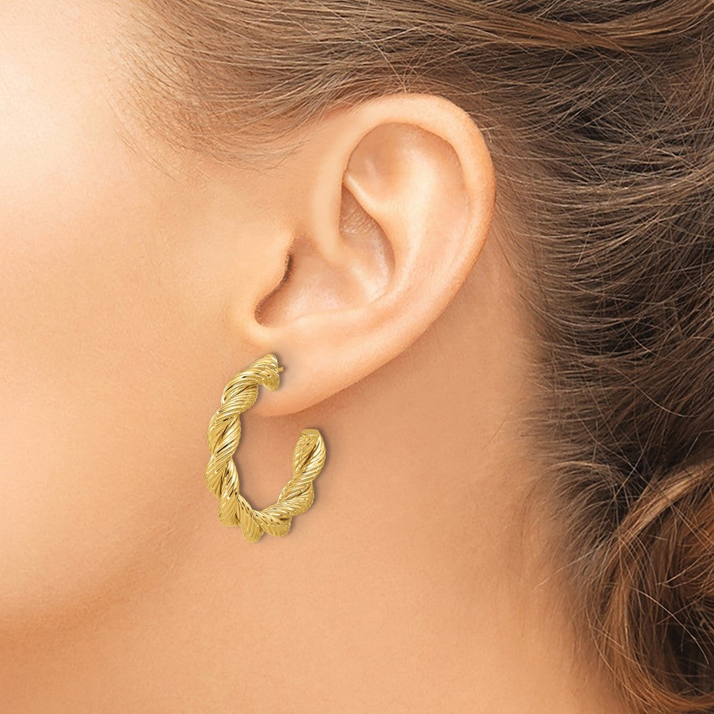 14k Yellow Gold Polished and Textured Twisted Hoop Earrings