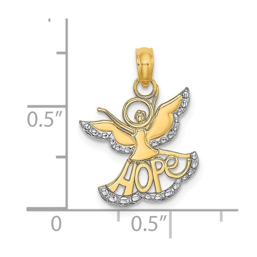 14k Yellow Gold Rhodium Polished/Textured Cut-Out HOPE Angel Charm Pendant