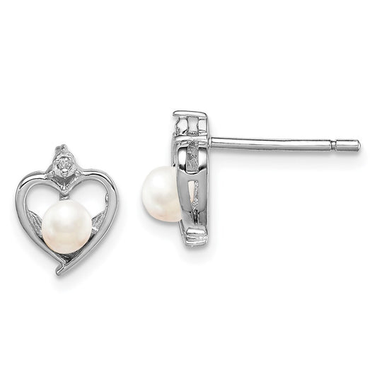 Sterling Silver Rhodium-plated FW Cultured Pearl & Diam. Button Stud Earrings