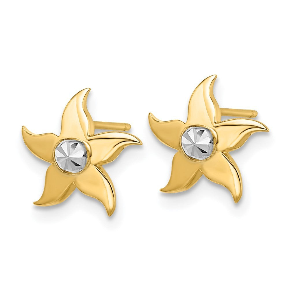 14k Yellow Gold w/Rhodium Starfish Stud Earrings