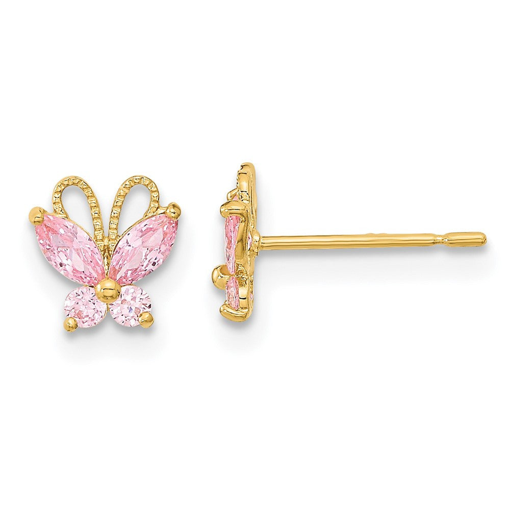 14k Yellow Gold Kids Pink CZ Butterfly Button Stud Earrings