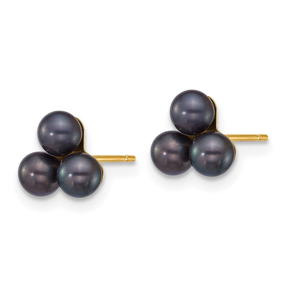 14k Yellow Gold 3-4mm Button Black Freshwater Cultured 3-Pearl Stud Earrings