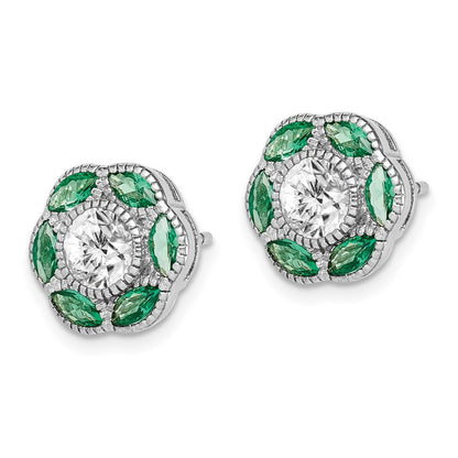 Sterling Silver Rhodium-plated Lab Cr. Green Spineland CZ Button Stud Earrings