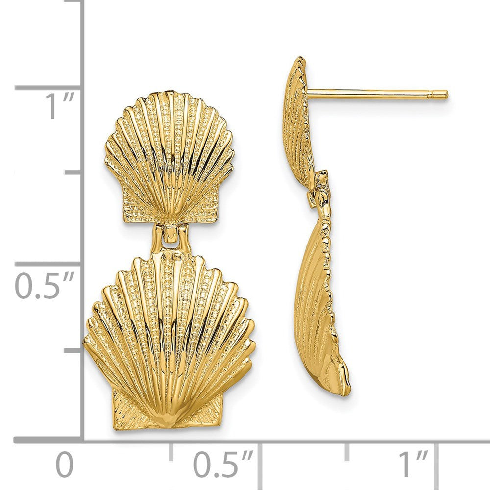 14k Yellow Gold Double Scallop Shell Drop & Dangle Earrings