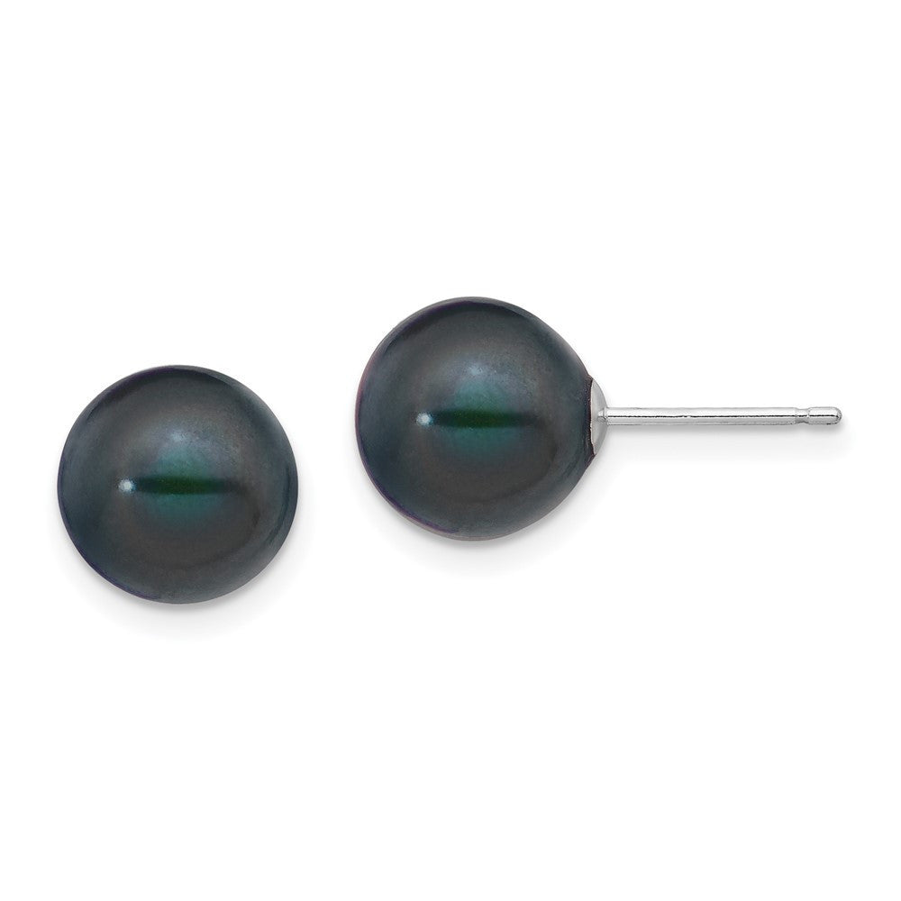 14k White Gold 9-10mm Black Round Freshwater Cultured Pearl Stud Earrings