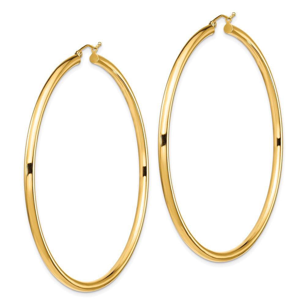 14k Yellow Gold Polished 3x70mm Lightweight Round Tube Hoop Earrings