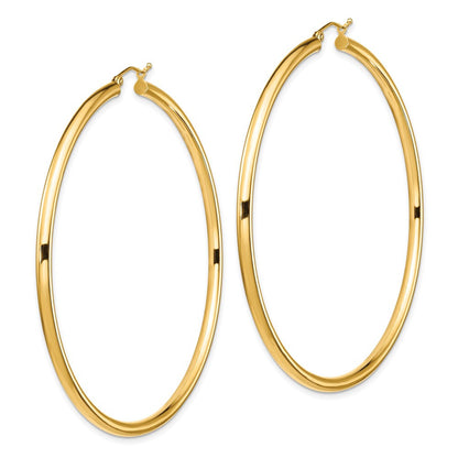 14k Yellow Gold Polished 3x70mm Lightweight Round Tube Hoop Earrings