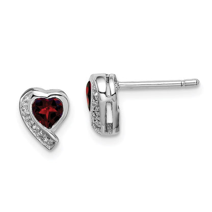 Sterling Silver Rhodium-plated Garnet and Diamond Heart Button Stud Earrings