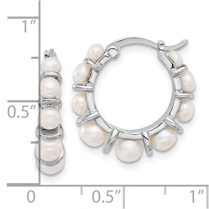 Sterling Silver Rhodium-plated Button Freshwater Cultured Pearl Hoop Earrings