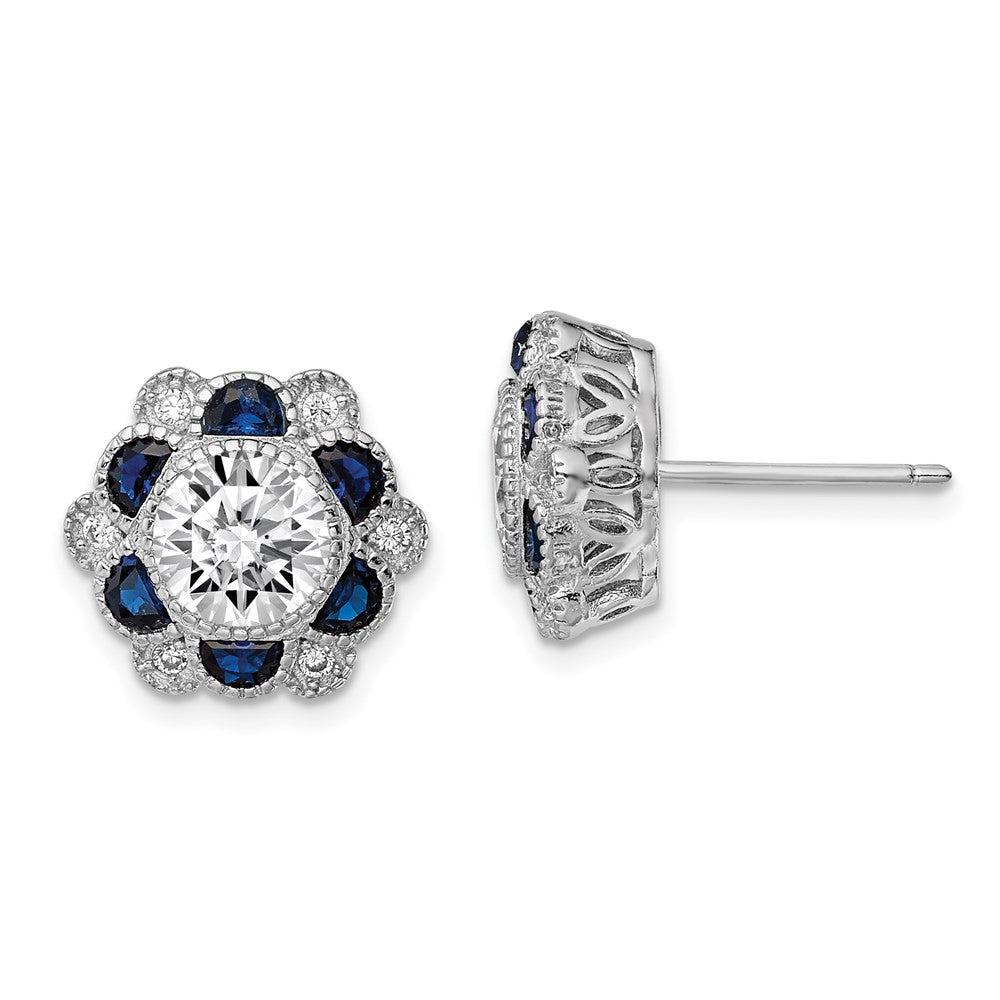 Sterling Silver Rhodium-plated Blue Spinel and CZ Flower Button Stud Earrings