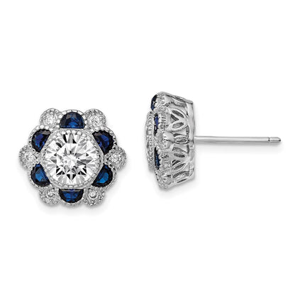 Sterling Silver Rhodium-plated Blue Spinel and CZ Flower Button Stud Earrings