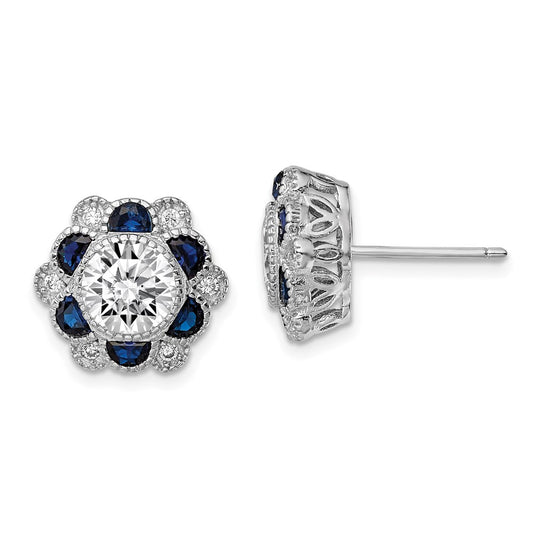 Sterling Silver Rhodium-plated Blue Spinel and CZ Flower Button Stud Earrings