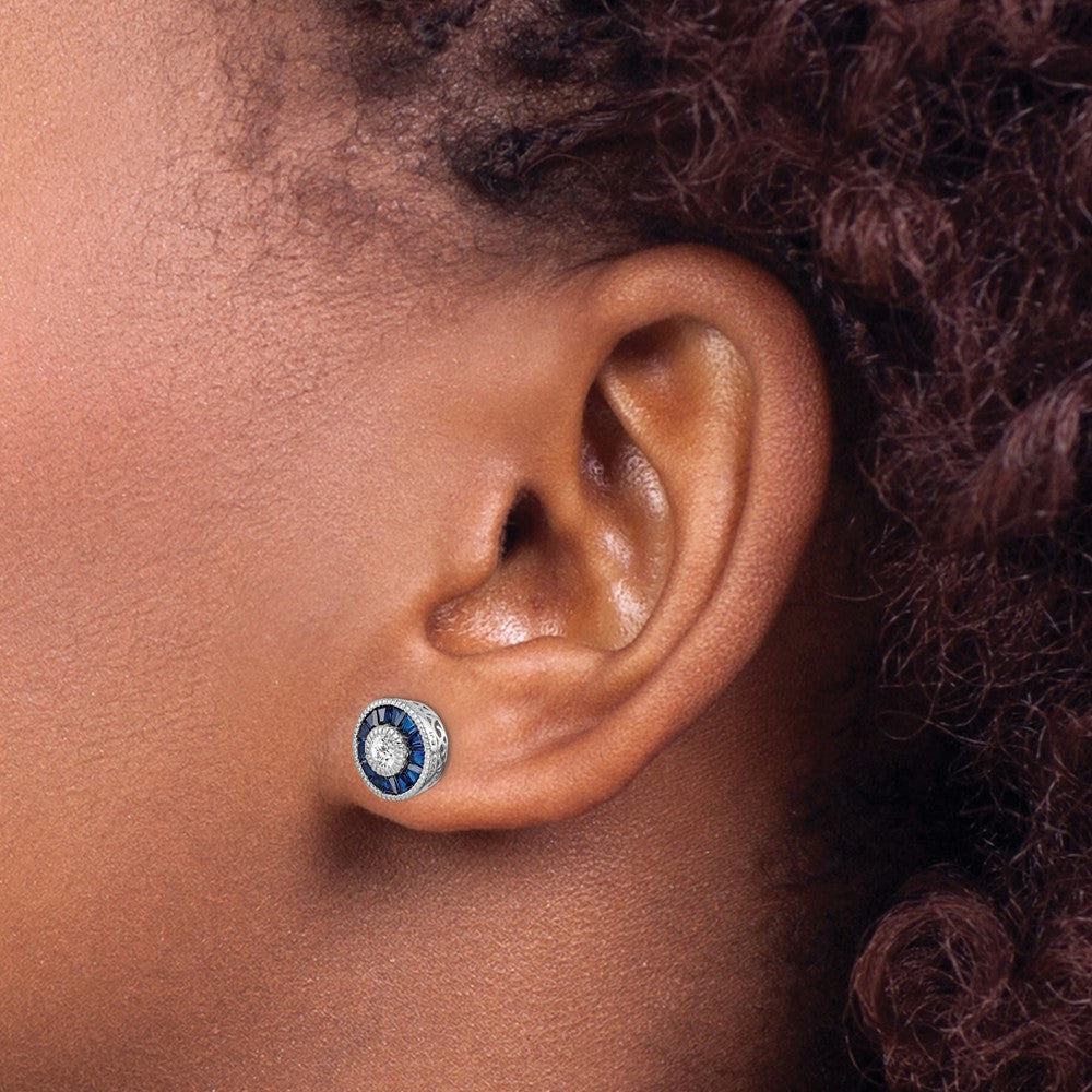 Sterling Silver Rhodium-plated Synthetic Blue Spinel and CZ Button Stud Earrings