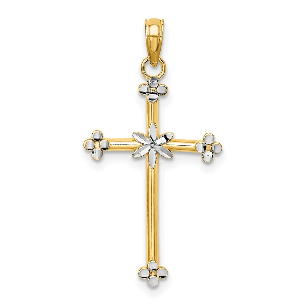 14k Yellow Gold Rhodium Thin Diamond-Cut Cross Charm Pendant