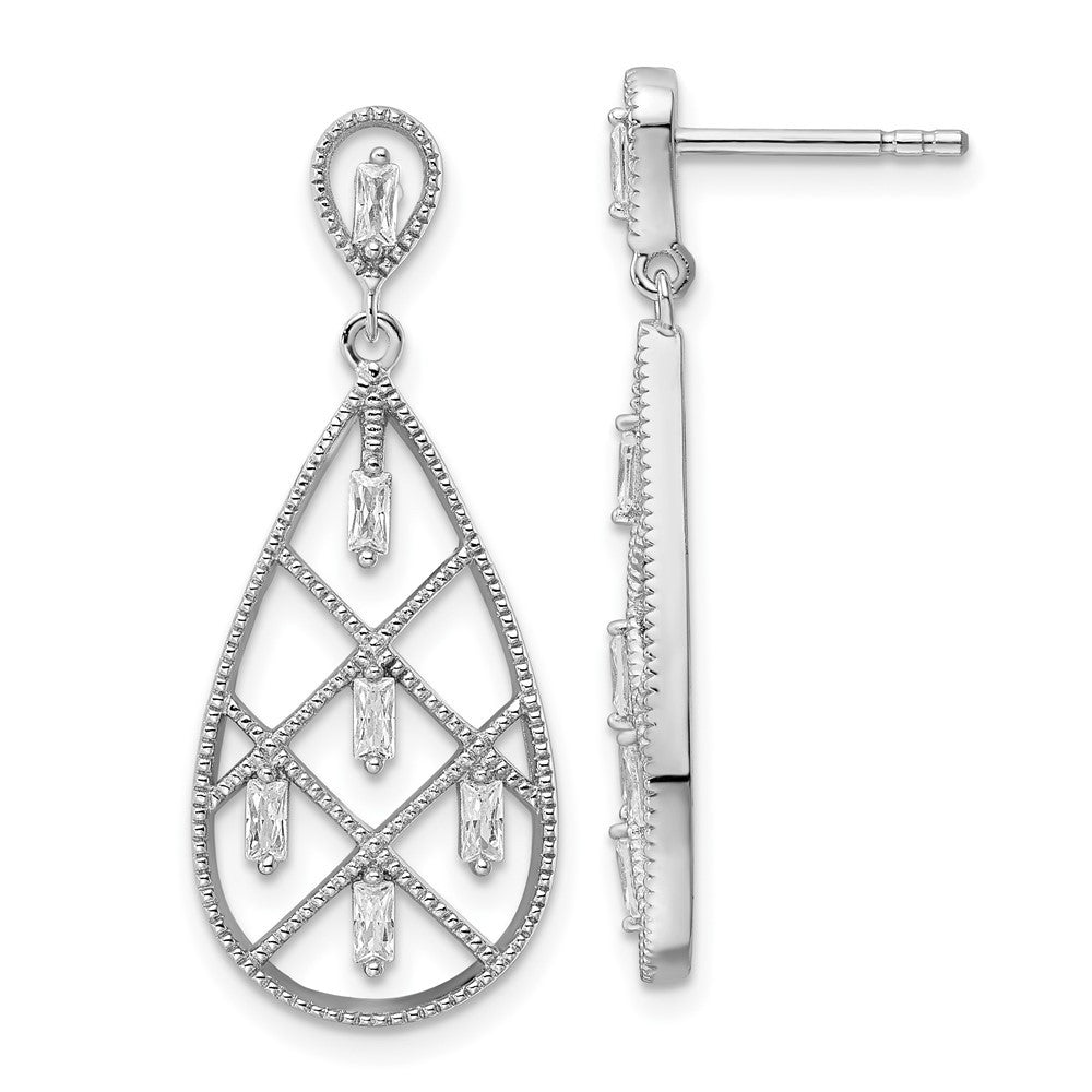 Sterling Silver Rhodium-plated Baguette CZ Tear Dangle Earrings