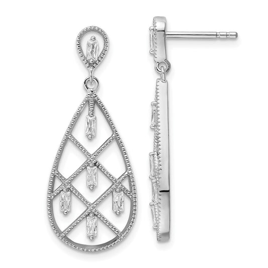 Sterling Silver Rhodium-plated Baguette CZ Tear Dangle Earrings