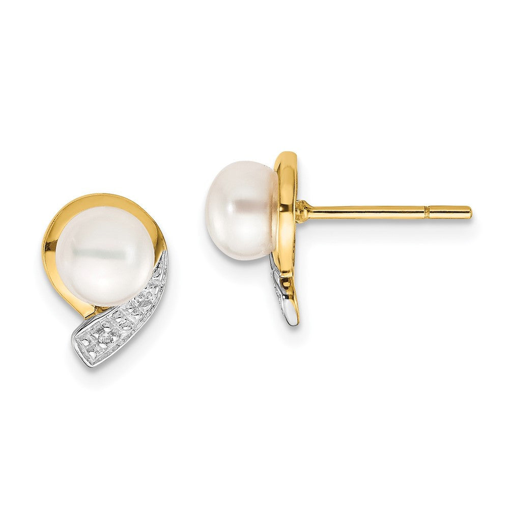 14k Yellow Gold 5-6mm White Button FWC Pearl .01ct Diamond Stud Earrings