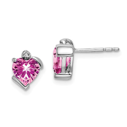 14k White Gold Created Pink Sapphire and Diamond Heart Stud Earrings