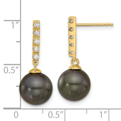 14k Yellow Gold Black Tahitian Saltwater Cultured Pearl Diamond Dangle Earrings