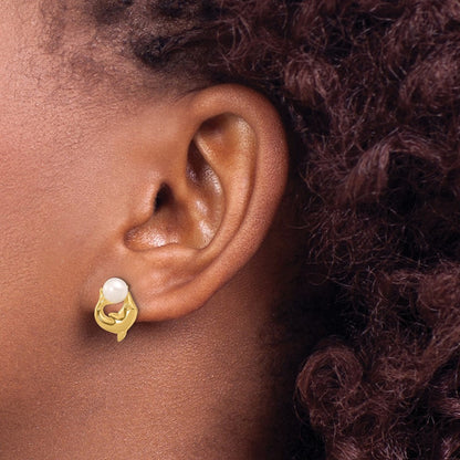 14k Yellow Gold 5-6mm Button Freshwater Cultured Pearl Dolphin Stud Earrings
