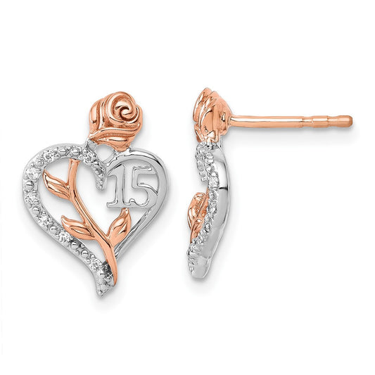 14K White and Rose Gold Diamond Quinceanera Heart Stud Earrings