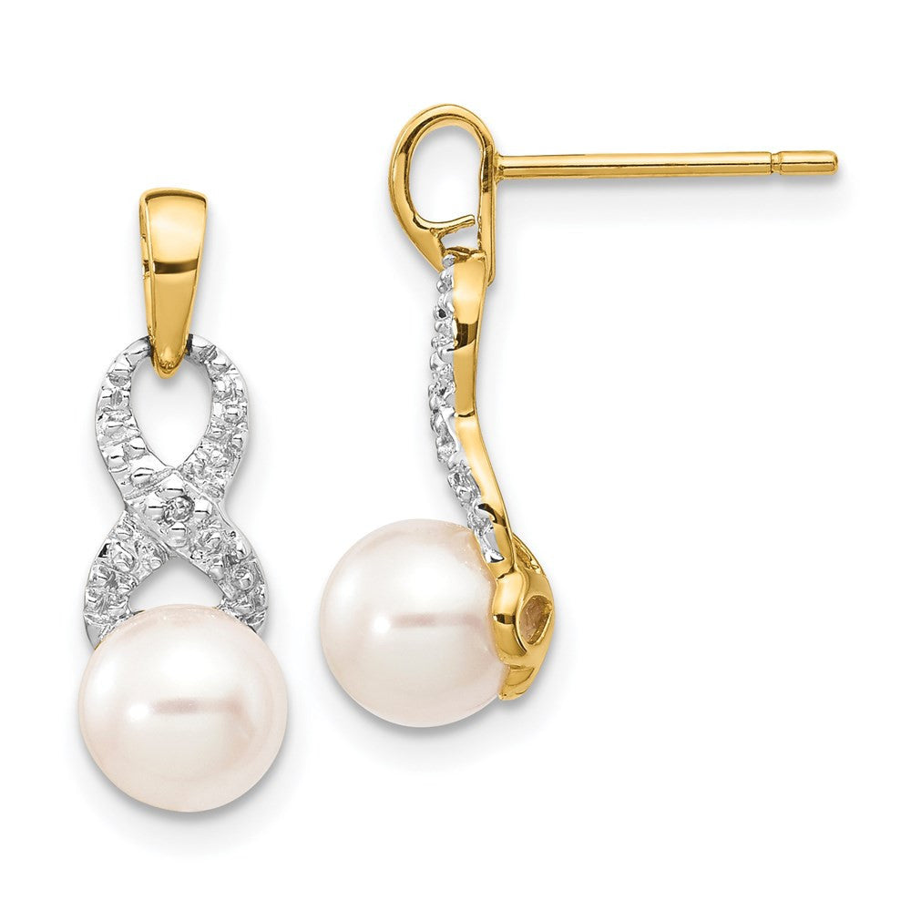 14k Yellow Gold 6-7mm White Round FWC Pearl .01 Diamond Dangle Earrings