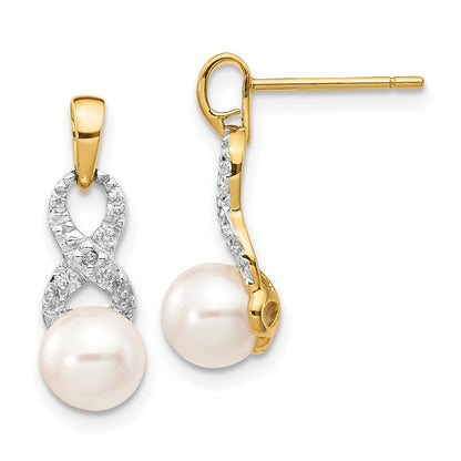 14k Yellow Gold 6-7mm White Round FWC Pearl .01 Diamond Dangle Earrings