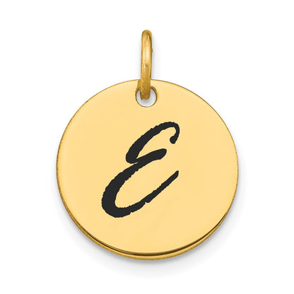 14k Yellow Gold Polished Black Enamel Letter E Initial Disk Charm Pendant