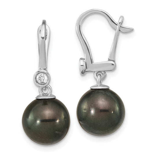 14k Gold Black Tahitian Saltwater Cultured Pearl & Diamond Dangle Earrings