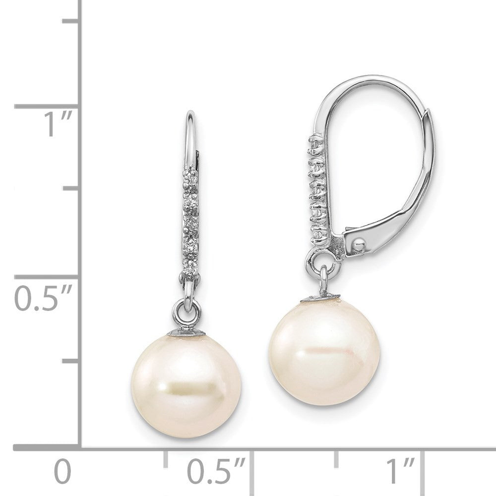 14k Gold 8-9mm Freshwater Cultured Pearl and Diamond Dangle Earrings