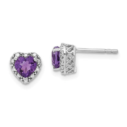 Sterling Silver Rhodium-plated Amethyst and Diamond Button Stud Earrings