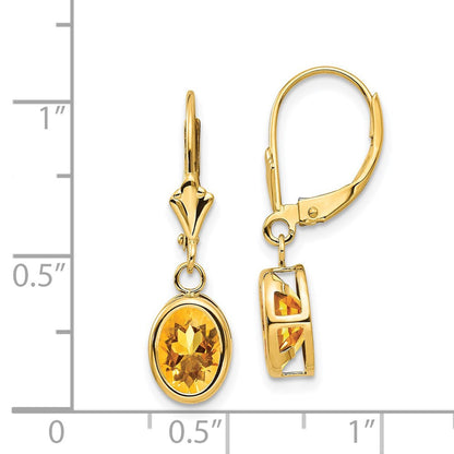 14k Yellow Gold 8x6mm Oval Citrine Leverback Drop & Dangle Earrings