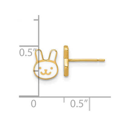 14k Yellow Gold Polished White Enamel Bunny Face Stud Earrings Gift for Women