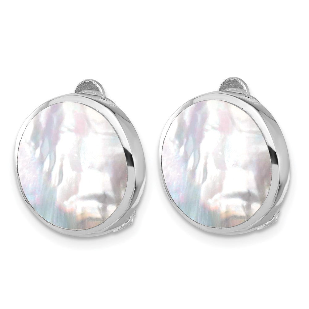Sterling Silver RH-plated Mother of Pearl Round Non-Pierced Button Stud Earrings