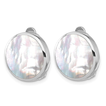 Sterling Silver RH-plated Mother of Pearl Round Non-Pierced Button Stud Earrings