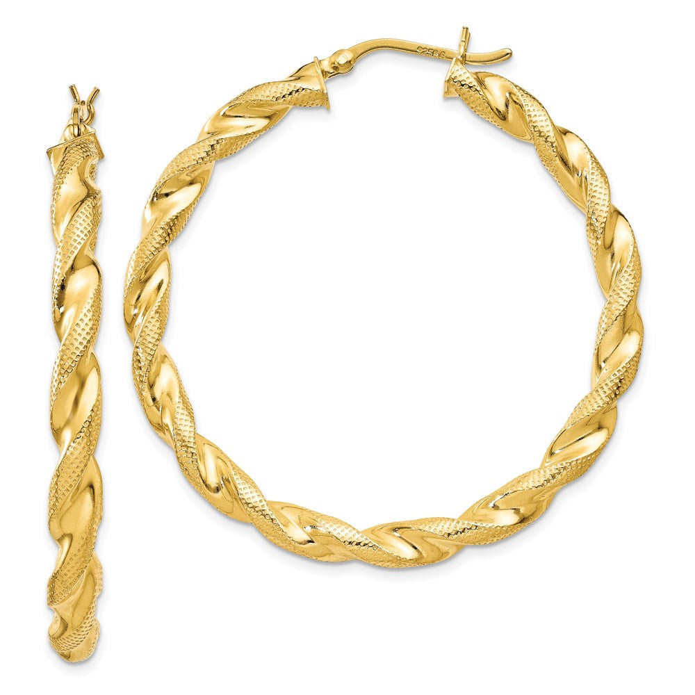 Sterling Silver Gold Flash Plated Patterned Twisted 4x45mm Hoop Earrings