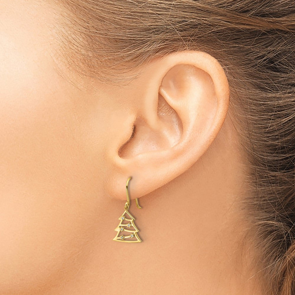14k Yellow Gold Polished CZ Christmas Tree Shepherd Hook Dangle Earrings
