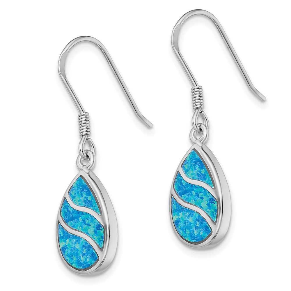 Sterling Silver Rhodium-plated Created Opal Inlay Tear Dangle Earrings