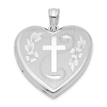 Sterling Silver Rhodium-plated 24mm Diamond-Cut Cross Heart Locket Pendant