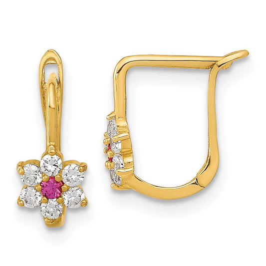 14k Yellow Gold Polished Red and White CZ Flower Hoop Dangle Earrings