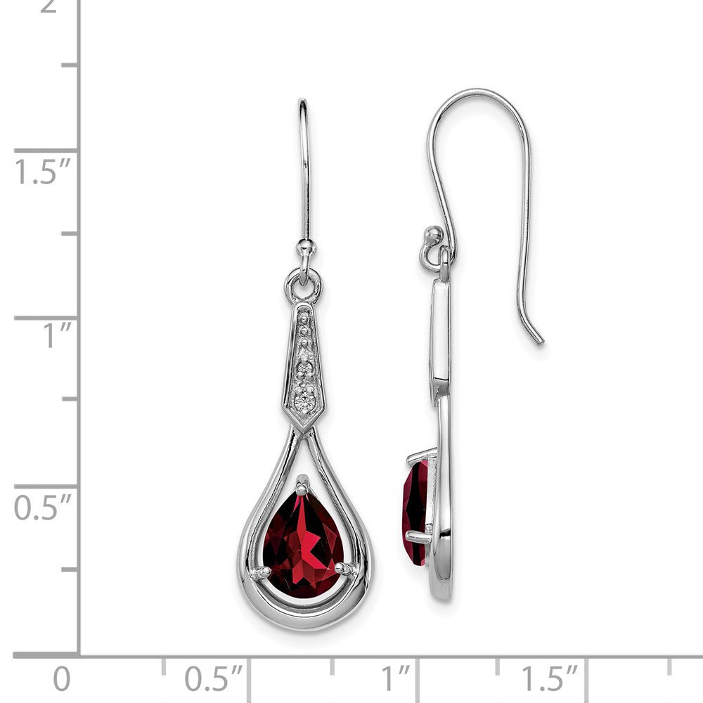 Sterling Silver Rhodium-plated CZ and Garnet Shepherd Hook Dangle Earrings