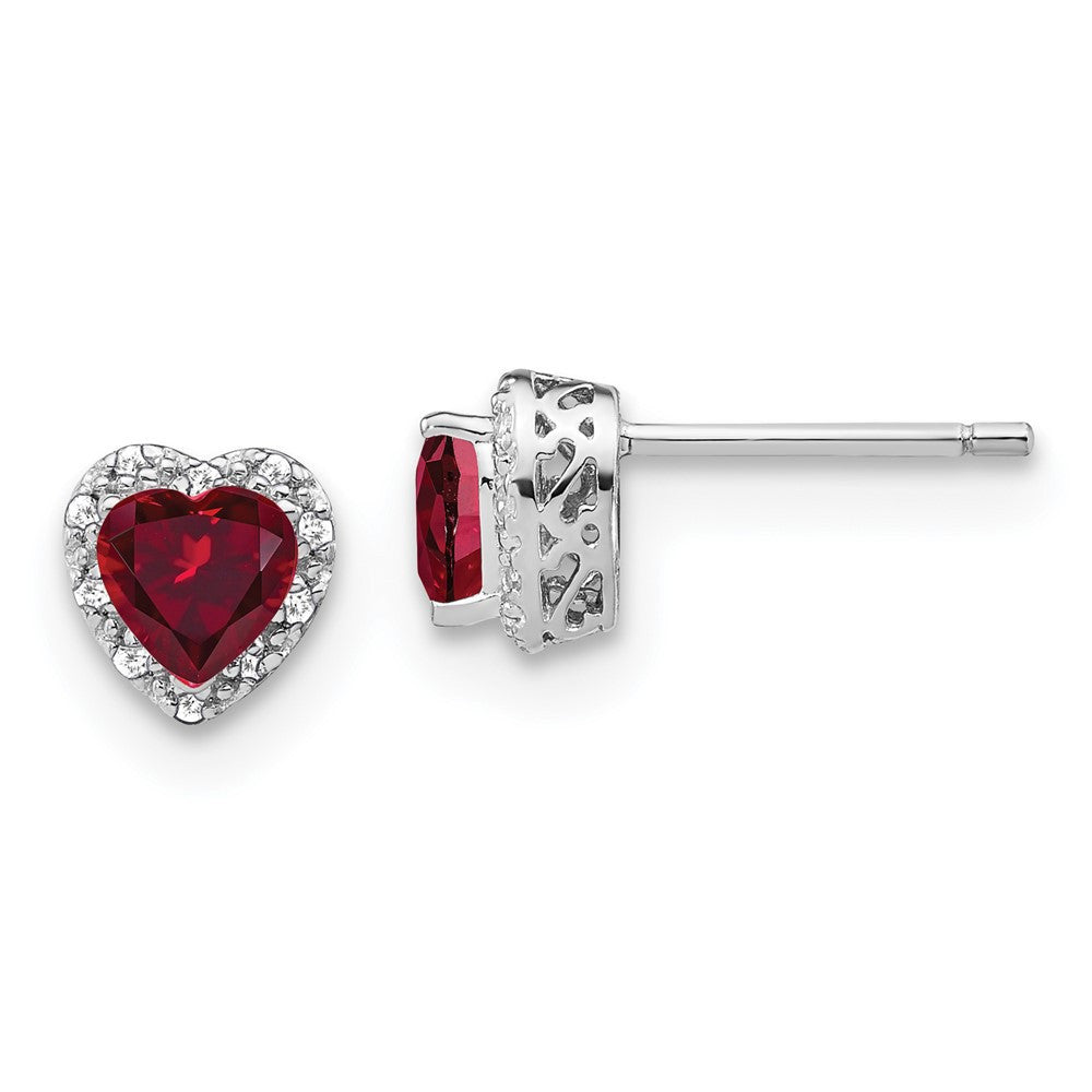 Sterling Silver Rhodium-plated Created Ruby and Diamond Button Stud Earrings