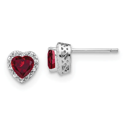 Sterling Silver Rhodium-plated Created Ruby and Diamond Button Stud Earrings