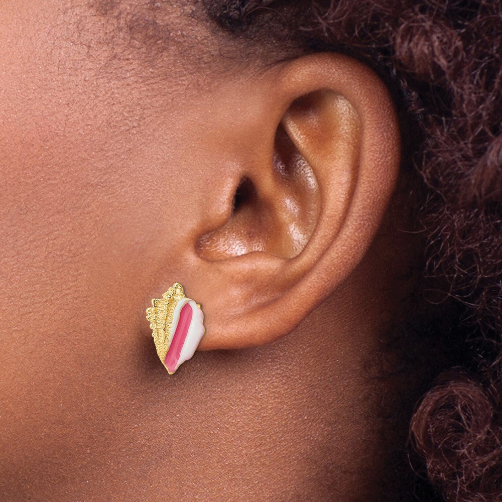 14k Yellow Gold White and Pink Enamel Conch Shell Stud Earrings