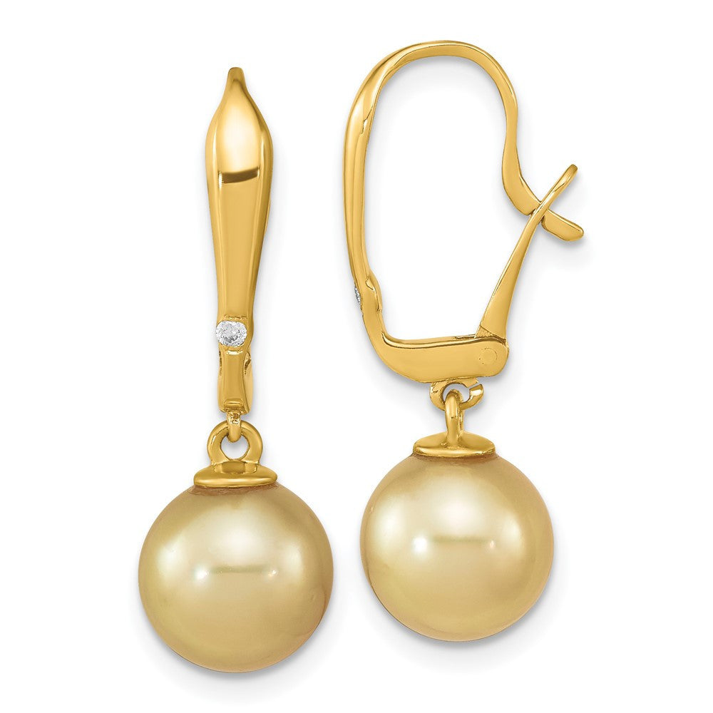 14k Gold Golden South Sea Saltwater Cultured Pearl & Diamond Dangle Earrings