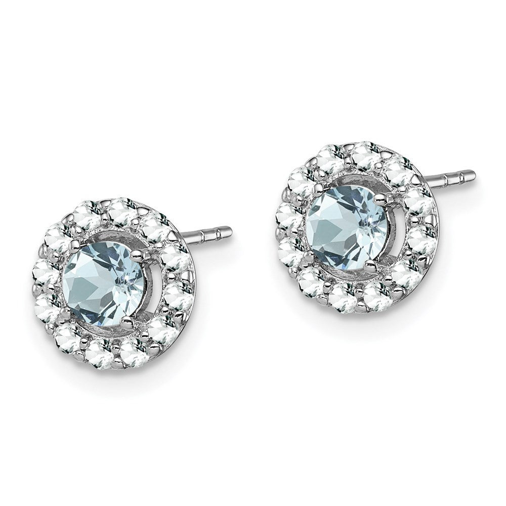 Sterling Silver Rhodium Plated White Topaz & Aquamarine Button Stud Earrings